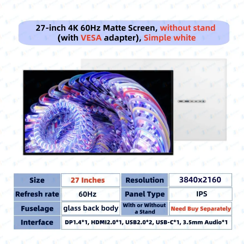 27' P27L 4K UHD Monitor 60Hz 3840x2160 IPS HDMI2.0 DP1.4 USB2.0 Matt Screen Type-C Aluminium Gaming Monitor with USB-C Interface