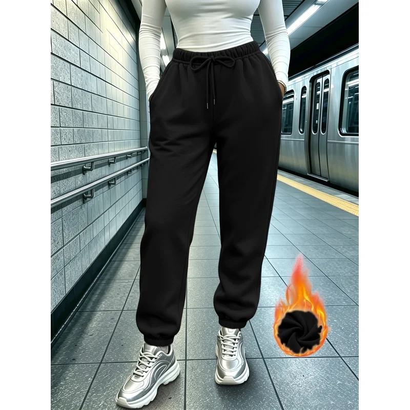 Women's Long Pants-Autumn/Winter Fashion Casual Solid Color with Drawstring and Pockets,Thickened-Lined,Warm and Cold-Resistant