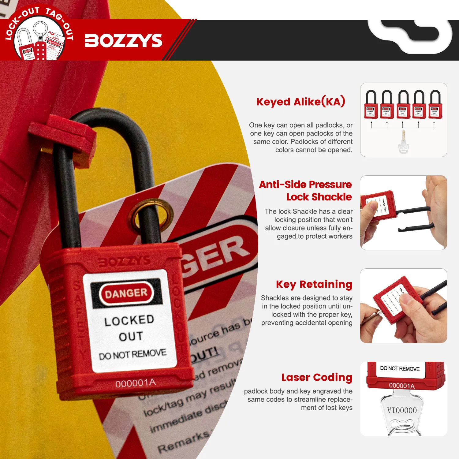 BOZZYS Lockout Security Padlock,Nylon Plastic Lockout Body and Shackle,for Electrical Isolation Loto Locks(BD-G11)