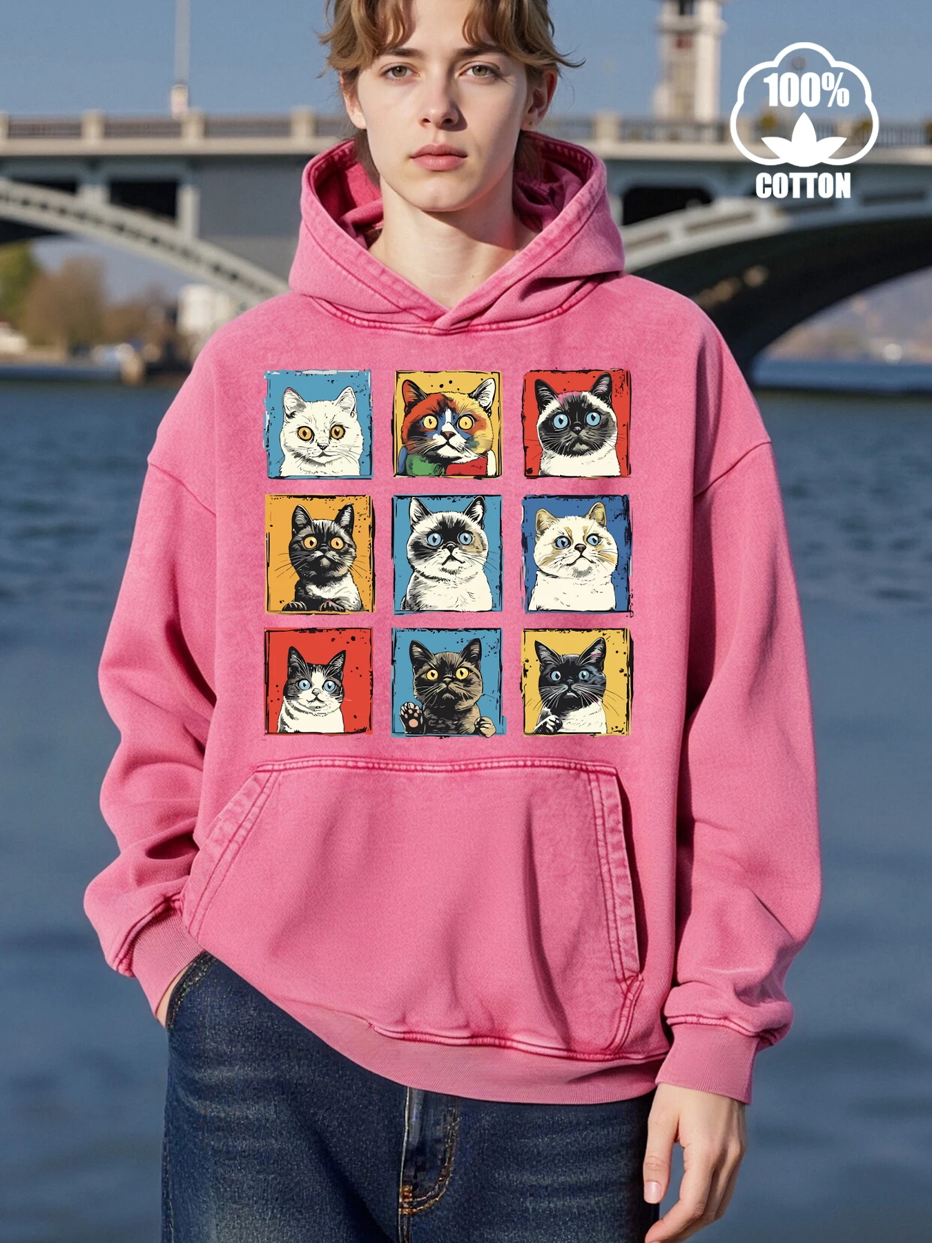 التعبير المختلف القطط طباعة الرجال الملابس لطيف فضفاض الشارع الشهير مضحك جيب هوديس الخريف أزياء القطن الرياضية #1