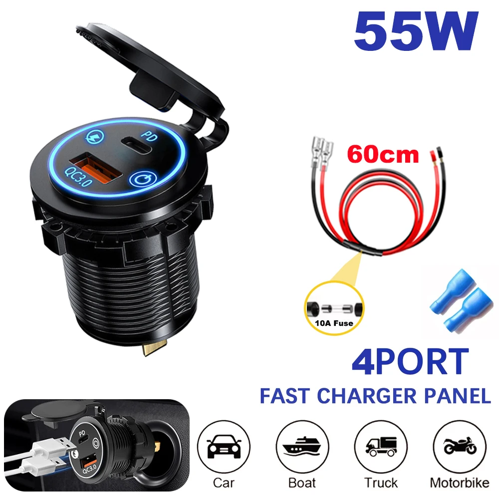

PD QC3.0 Car Charger Socket 12V/24V waterproof with Voltmeter Socket Power Outlet Adapter for Auto Truck ATV Boat Motorcycle