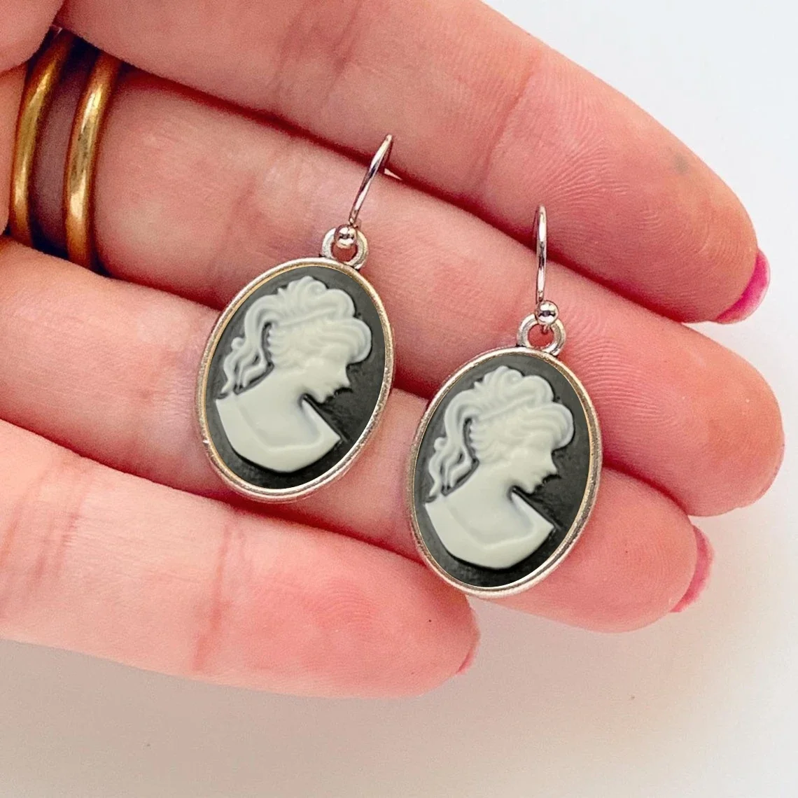 Vintage Steampunk Lady Cameo Cabochon Silver and Bronze Jewelry Pendant Earrings