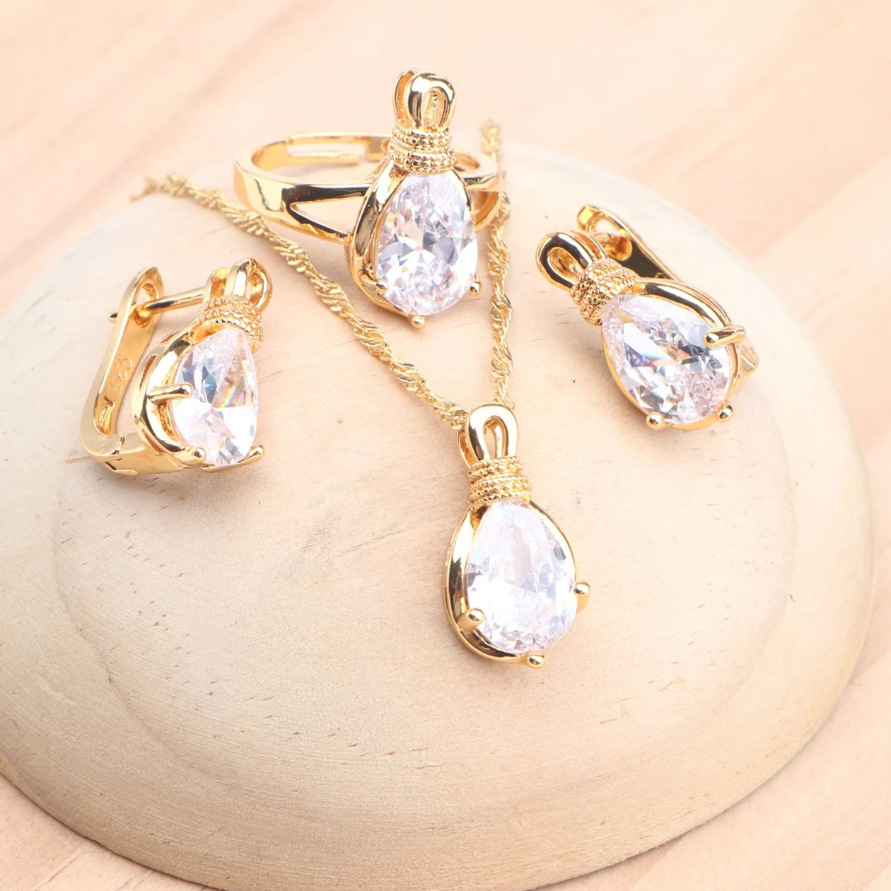 

White Zircon 925 Sterling Silver Jewelry Sets Bridal Wedding Earrings Rings Pendant Necklace Gold Color Stone Set For Women