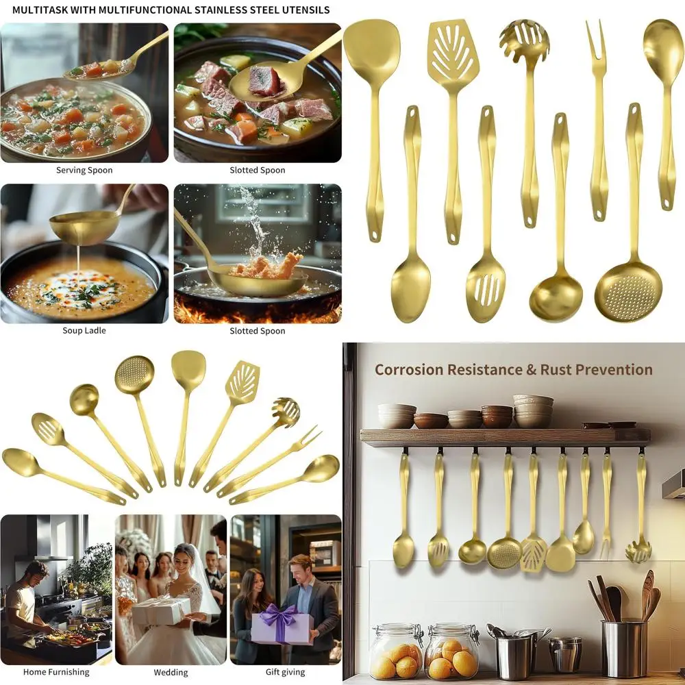 

Набор кухонных принадлежностей из 9 предметов из нержавеющей стали — термостойкие, долговечные кухонные инструменты, можно мыть в посудомоечной машине (золотистый)