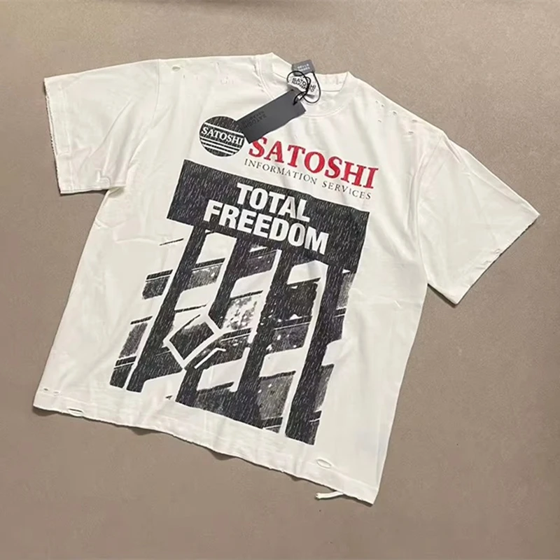 Damaged Hole Apricot Satoshi Nakamoto Oversized T Shirt Men Women High Quality Cracked Graphics Print Tee Tops T-Shirt