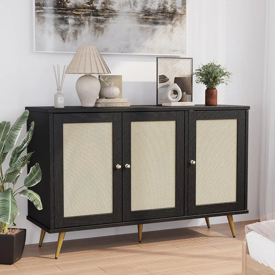 

Large Rattan Storage Cabinet, Modern Sideboard Cabinet, Accent Large Storage Space Cabinet with Rattan Decorated Doors for Livi
