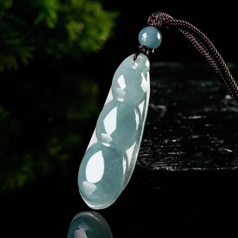 Natural Burma A Jade Blue Water Fudou Four Kidney Bean Pendant Ice Jadeite Type Charms Flower Pieces Men's Gifts Women's Jewelry