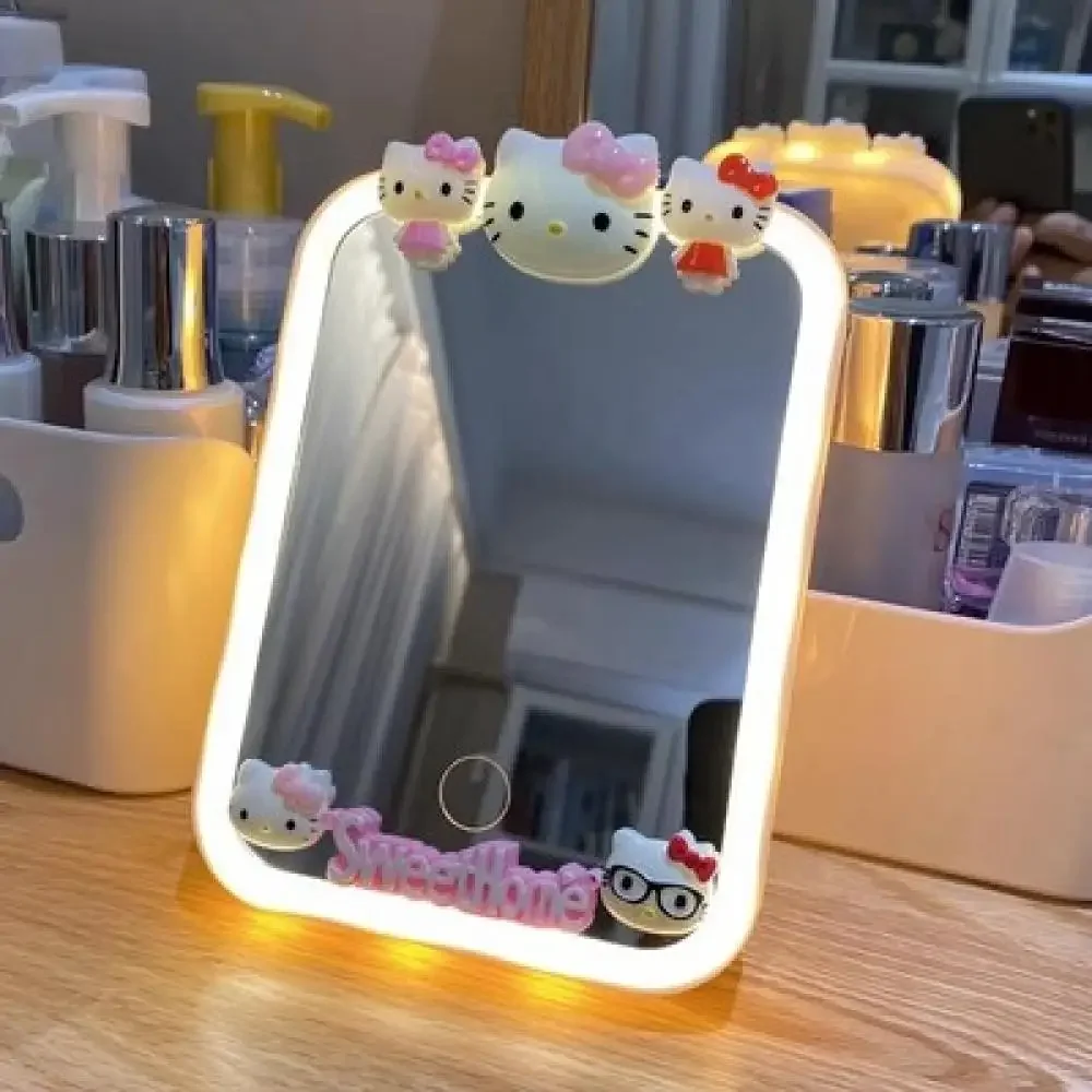 Anime Led Licht Spiegel Sanrio Kawaii Hallo Kitty USB Intelligente Kt Make-Up Füllen Licht Spiegel Mädchen Desktop Schlafsaal Geschenk Nette