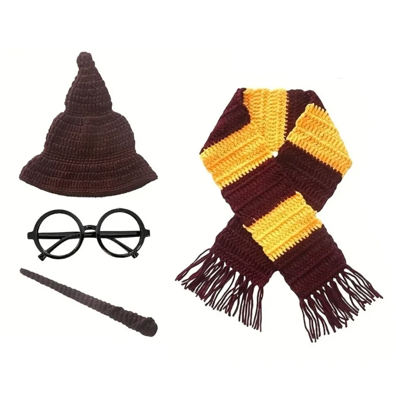 4Pcs/Set Newborn Photography Outfit Accessories Role-Playing Wizard Hat Glasses Sticks Props for Infants Boys Girls