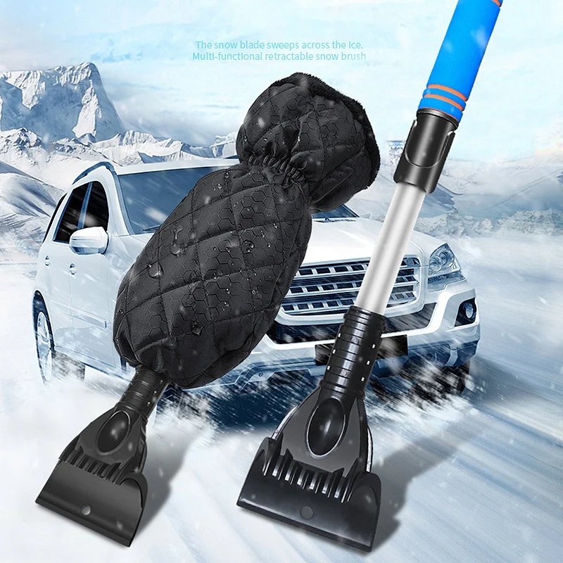 Car Telescopic Ice Scraper Window Warm Gloves Scraper Snow Ice Shovel Removal for Winter Snow Ice Defrost Black