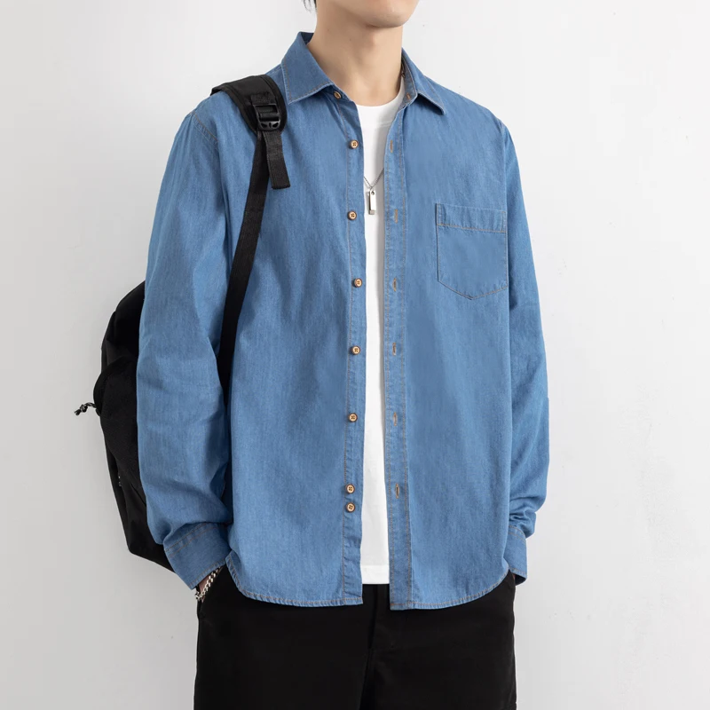 

Мужская джинсовая рубашка в стиле ретро, приталенного кроя, с длинным рукавом, тонкая, повседневная, модная, весенне-осенняя, однотонная, простая, в японском стиле