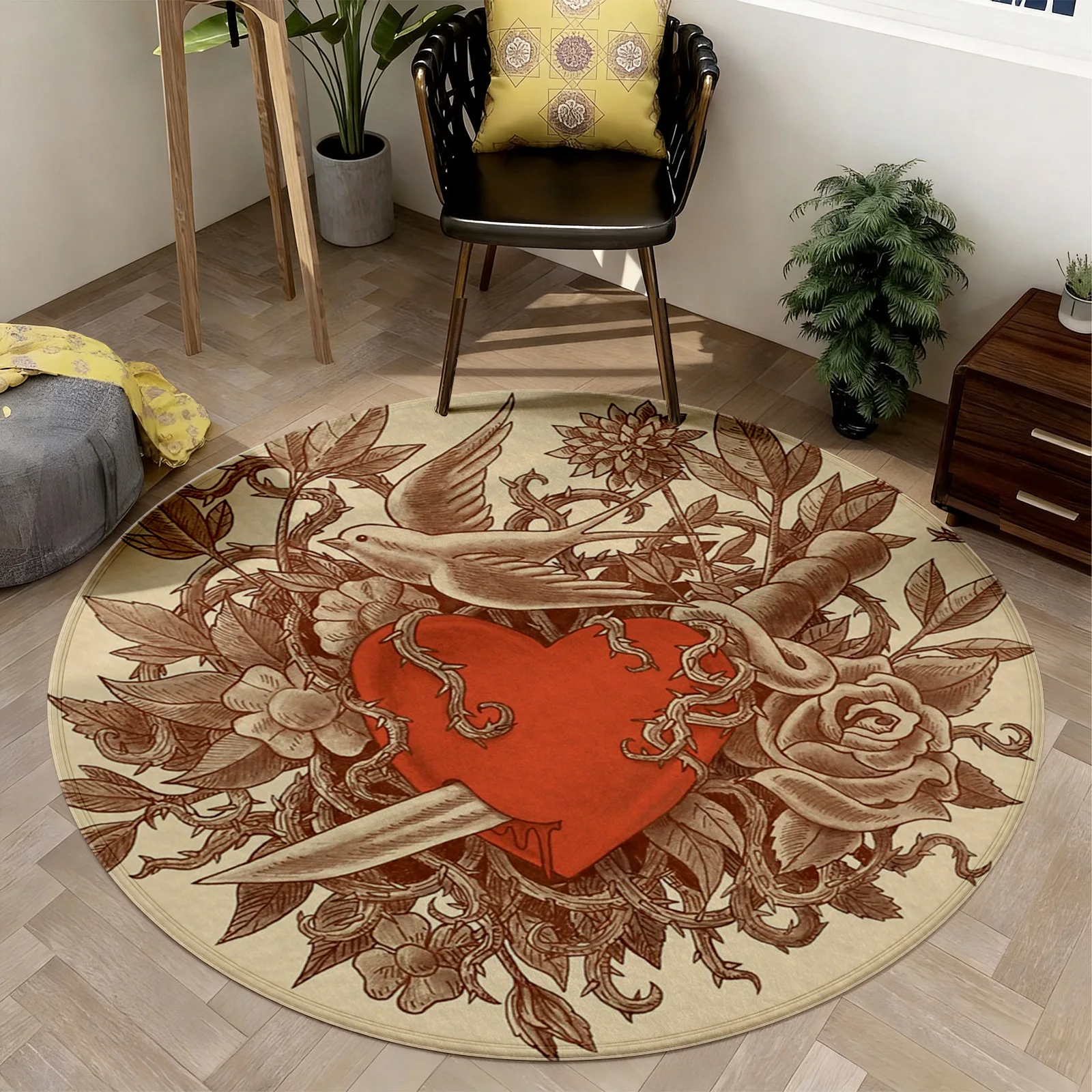 Exquisite Round Vintage Floral Area Rug Baroque Heart Pattern Chic Luxury Living Room Decor Ornament Carpet Mat for Home Aesthet