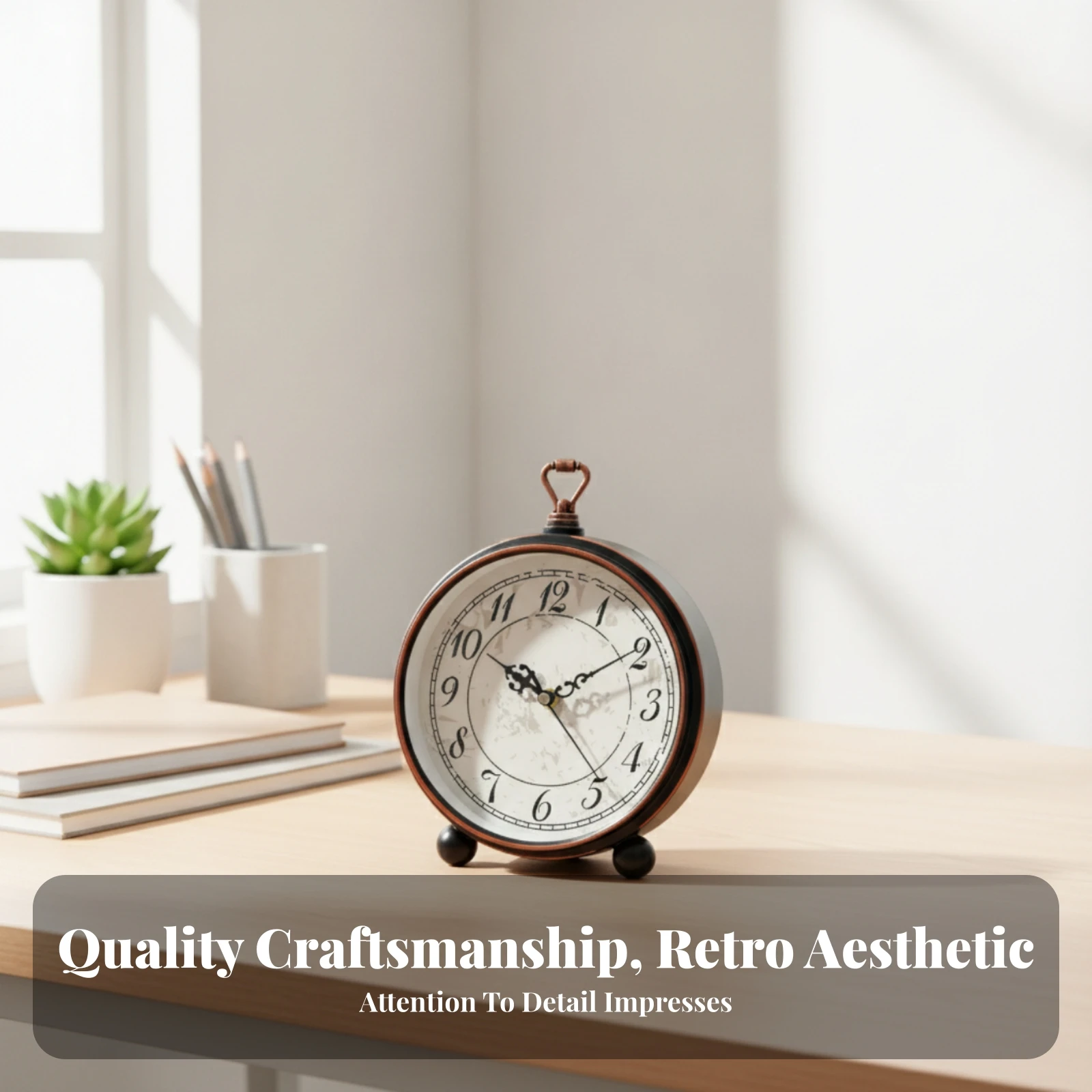 Vintage Analog Clock Carry Handle Desktop Alarm Clock Home Decor Rounded Feet Easy to Set for Tabletop Display