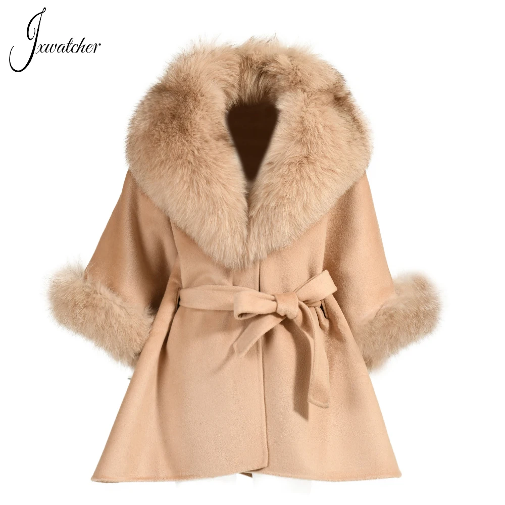 Jxwatcher Winter Woman Cashmere Coat 2022 Luxury Fashionable Cloaks 100% Real Fox Fur Collar and Cuffs Outerwear 2022 New Style