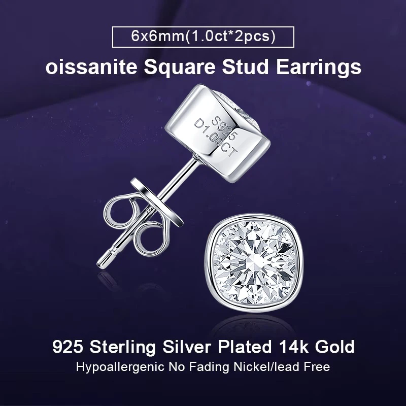 

IOGOU Solitaire 1CT D цвет Муассанит с бриллиантами квадратные серьги-гвоздики для женщин и мужчин оригинальные стерлингового серебра 925 пробы подарок на помолвку