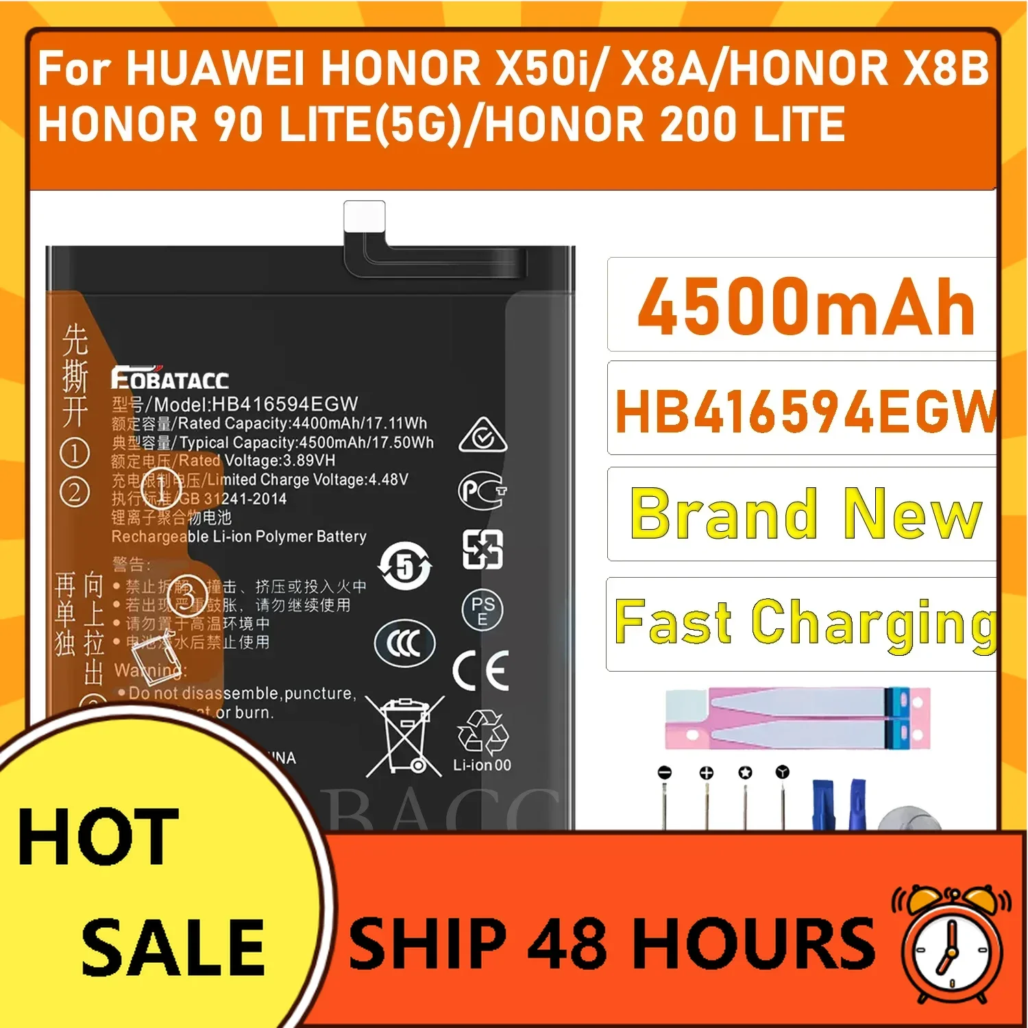 

100% New Battery HB416594EGW For HUAWEi HONOR X50i/ X8A/HONOR 90 LITE(5G) /HONOR X8B/HONOR 200 LITE Battery + Free Tools