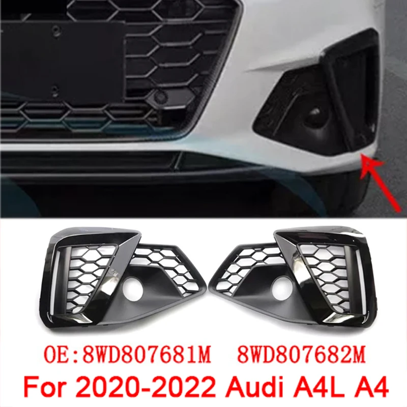 

2pcs ABS Black Car Front Bumper Fog Light Cover Lower Bezels Grille for Audi A4L A4 S-Line 2020-2022 8WD807681M 8WD807682M
