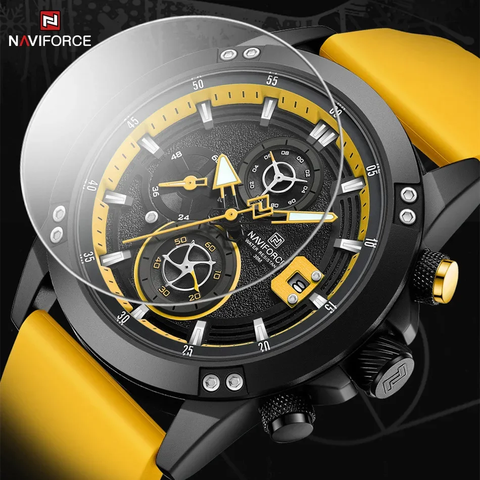 NAVIFORCE NF8033 Men\'s Fashion Casual Chronograph Quartz Wristwatch Military Silicone Strap Waterproof Clock