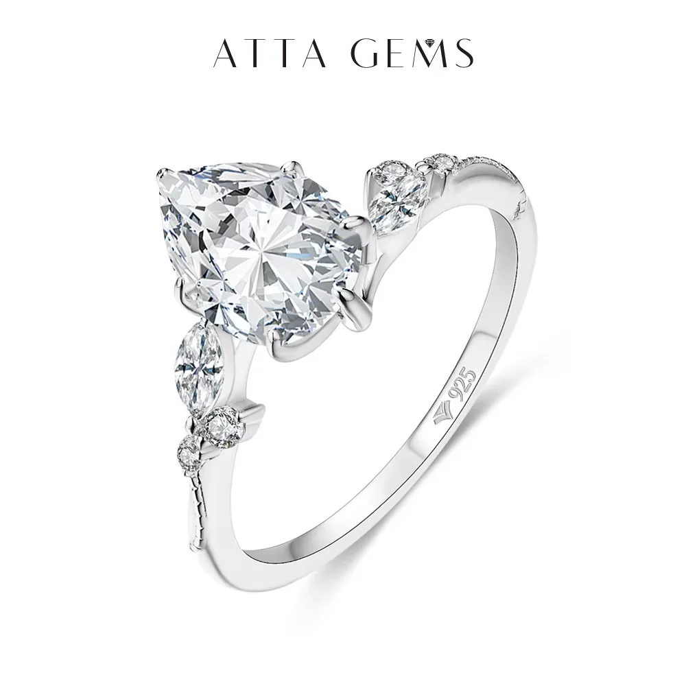 

ATTAGEMS Full Moissanite Ring 7*10mm 2.0CT DVVS1 Pear Shape S925 Sterling Silver For Women Engagement Bride Vintage Jewelry Gift