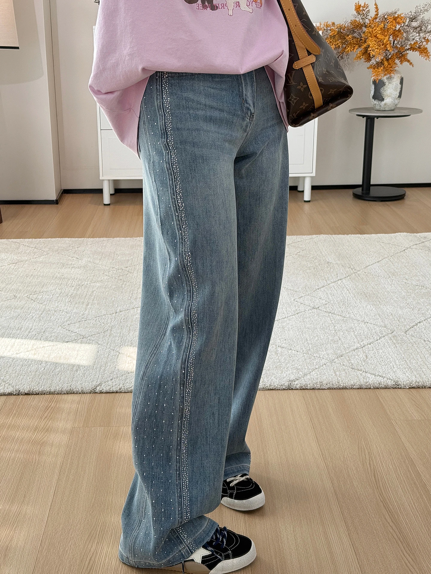 

Heavyweight Cotton Denim Pants Women's High Waist Slimming Side Rhinestone Wide Leg Loose Straight Long Trousers