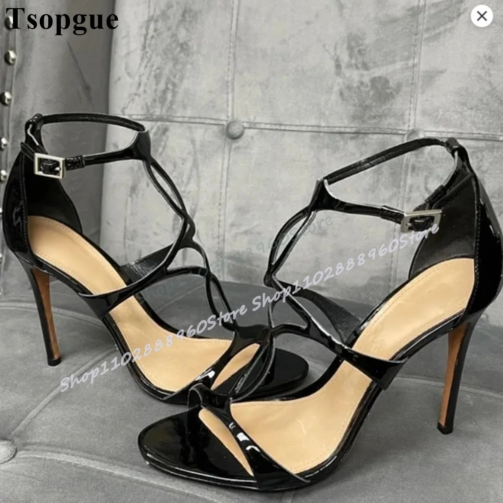 

Black Cross Strip Patent Leather Sandals Stilettos High Heel Women Shoes Ankle Buckle Strap Open Toe Party Gorgeous Sandals
