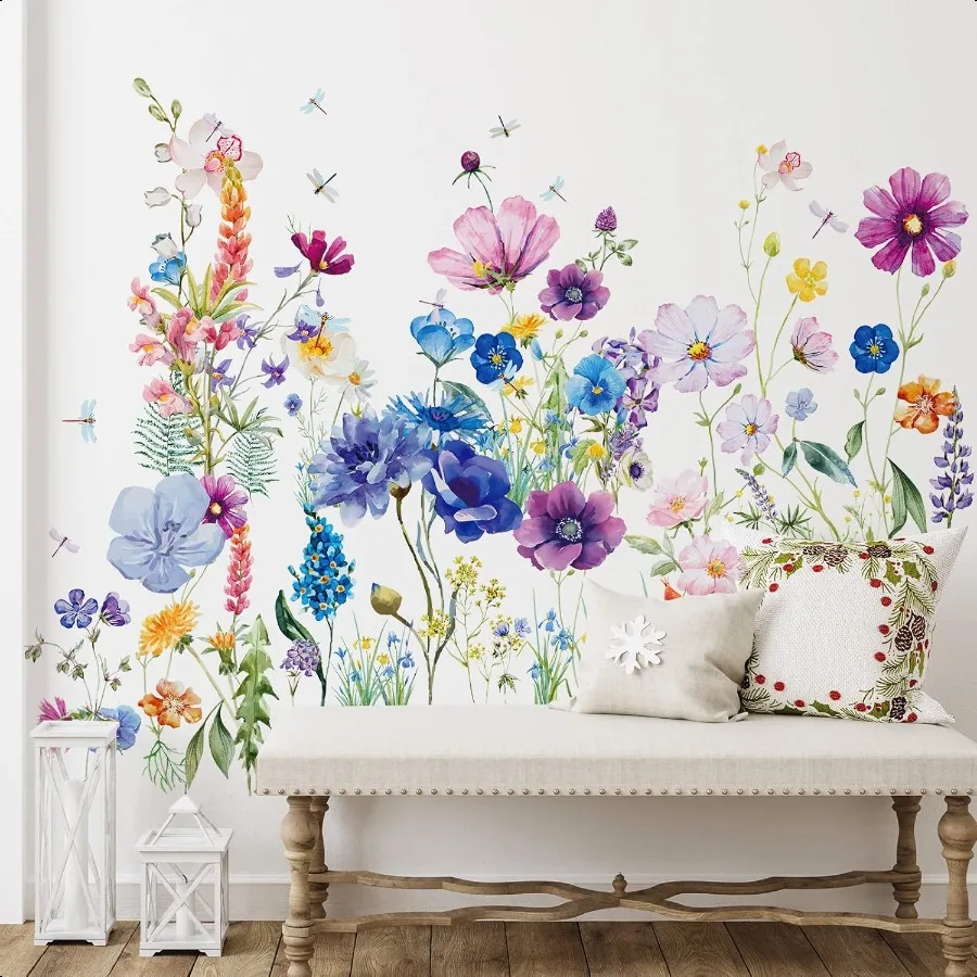 

6 Pcs Flowers Wall Decals Stickers Vinyl Removable Peel and Stick Colorful Dragonflies Floral Wall Murals Decor for Bedroom Liv