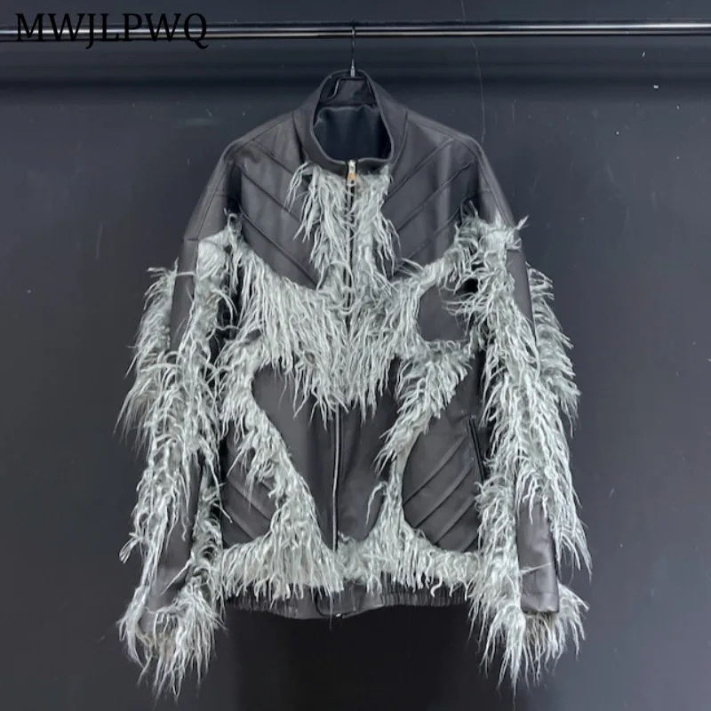 

MWJLPWQ PU Leather Fur Patchwork Design Coats For Men High Street Stand Collar Loose Fit Trendy Couple Women Winter Tops 11278