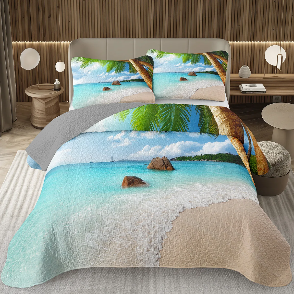 Ocean Bedspread Twin Queen Summer Beach Quilted Bedding Set Hawaiian Vacation Style Coverlet Set Tropical Palm Tree Bed Cover