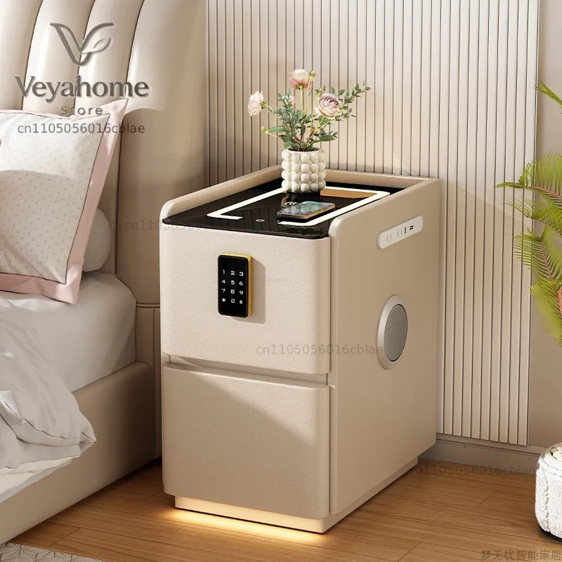 Multifunctional home advanced installation with socket password lock Wireless charging Bedroom leather bedside cabinet