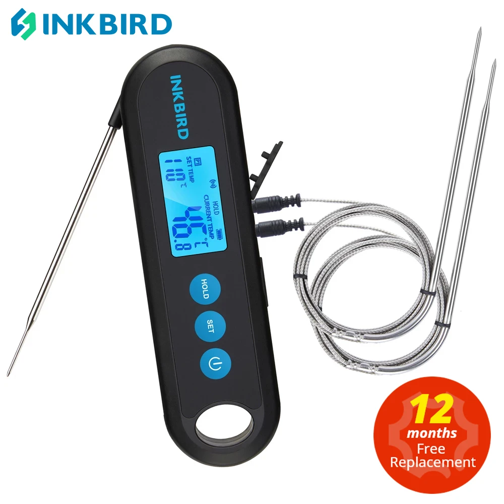 INKBIRD cyfrowy termometr do mięsa 2 s natychmiastowy odczyt IHT-2PB z zewnętrznymi sondami wyświetlacz podświetlenia Bluetooth do grillowania BBQ