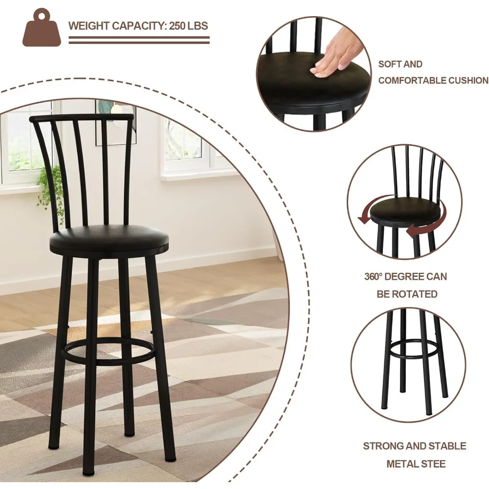 Zestaw 4 stołków barowych o wysokości lady, obrotowe stołki barowe 360° z oparciem i podnóżkiem, nowoczesne krzesła kuchenne na wyspę, krzesła barowe z regulacją wysokości, 27 cali