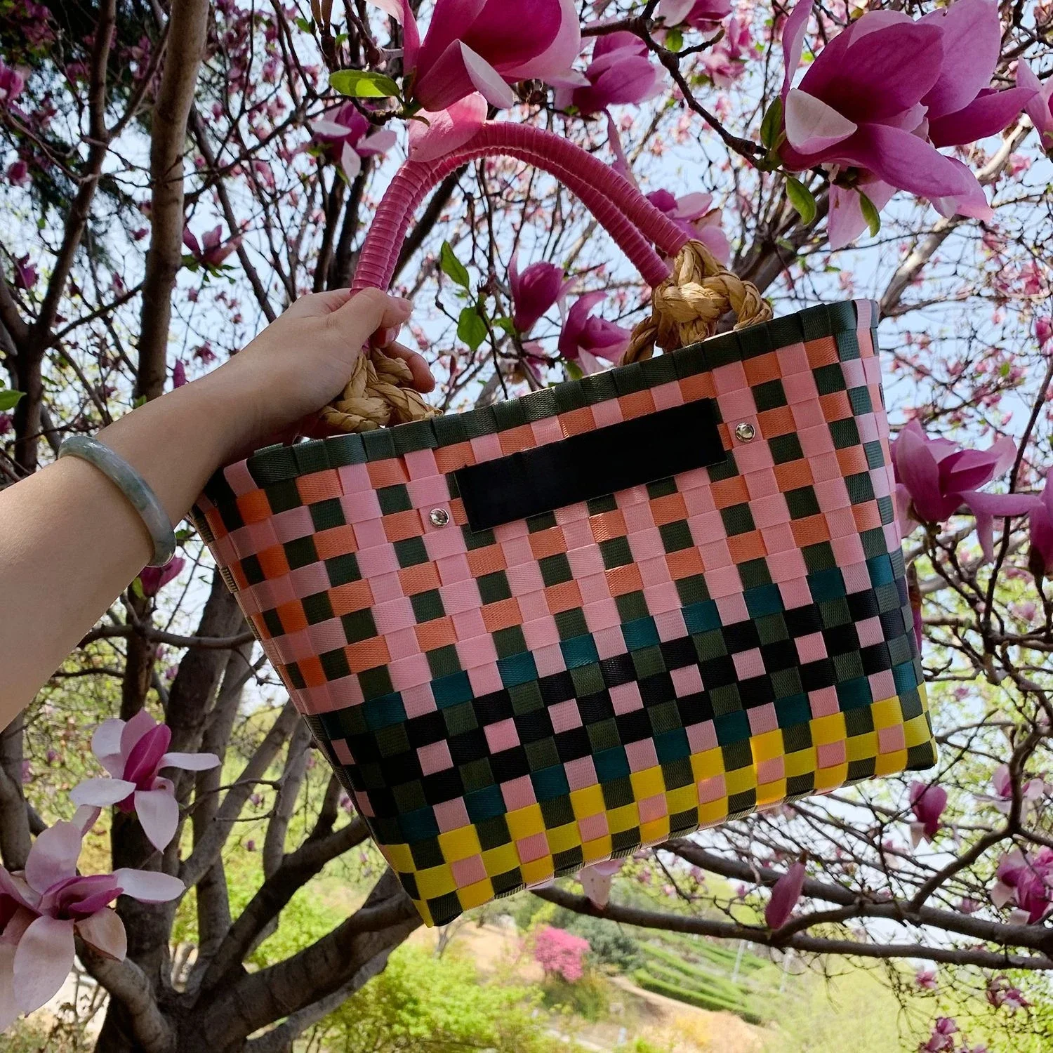 Colorful Checkered Woven Tote Bag with Braided Handles Casual Beach Handbag