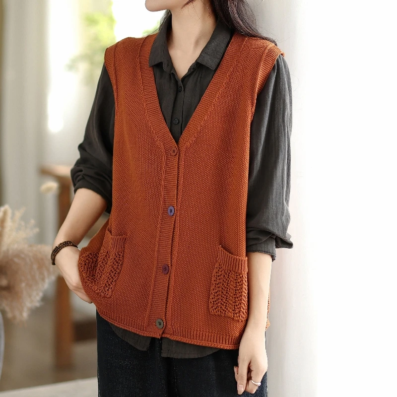 

Loose Knitted V-Ne Women's Vest Jaet Outerwear Autumn Spring Winter Faion Commute Sle Regular Length Button Detail