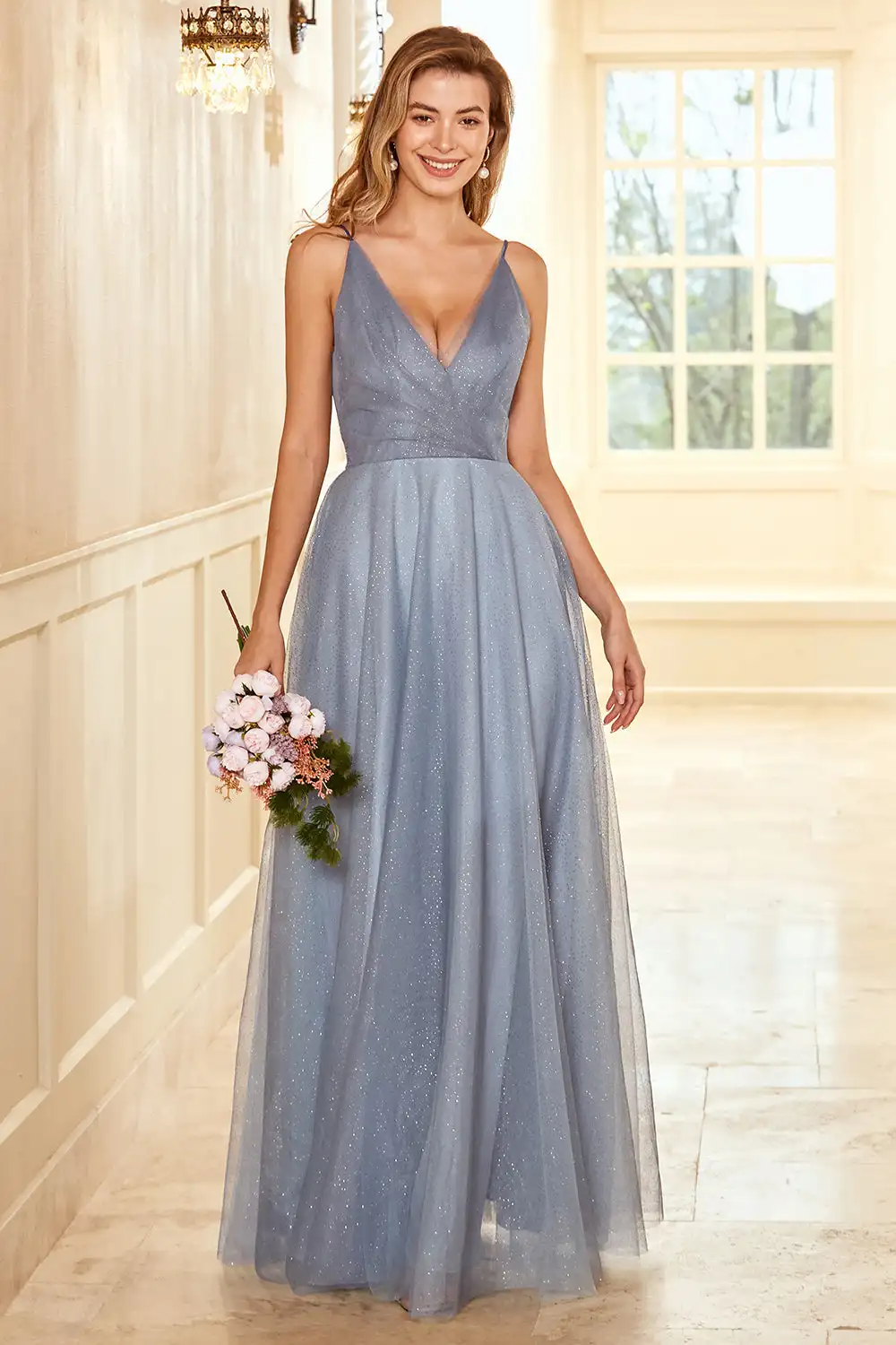 A Line Spaghetti Straps Grey Blue Long Bridesmaid Dress فساتين حفلة موسيقية