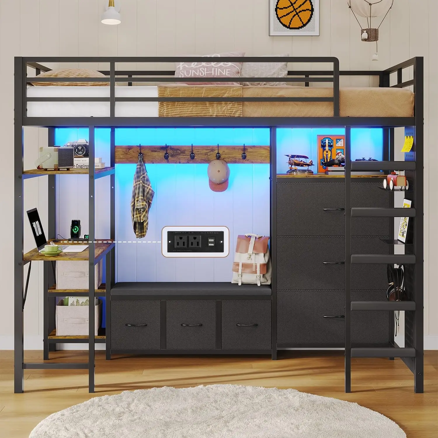 Twin Metal Loft Bed with Desk, 6 storage drawers, coat rack, open shelves and charging station, Customized