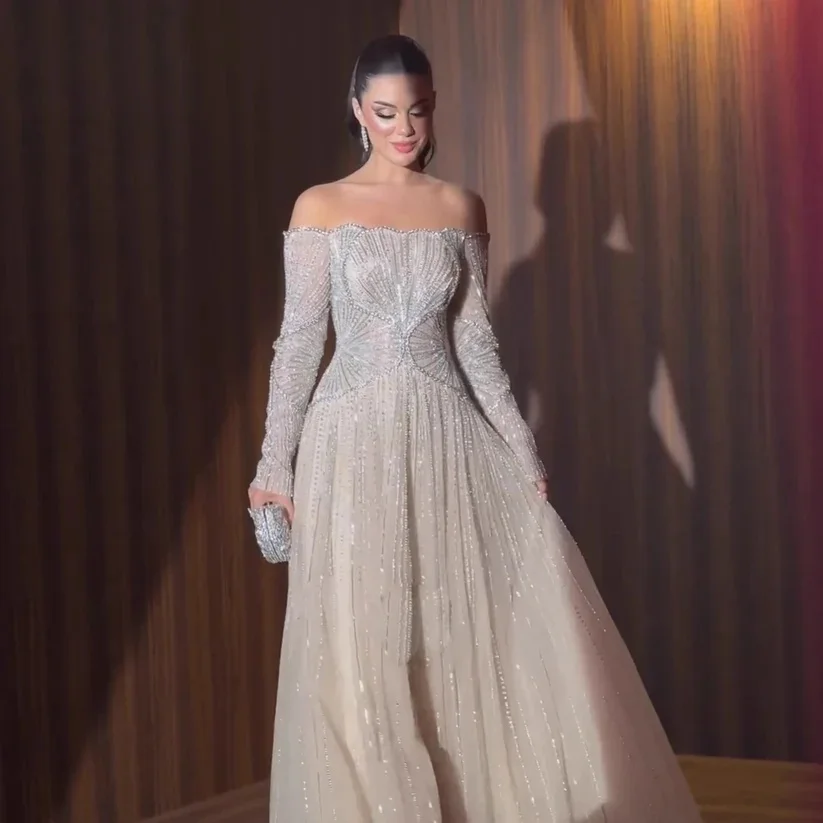 تصميم جديد ألف خط فاخر قبالة الكتف كم طويل مطرز الترتر تول مساء السجادة الحمراء حفل زفاف ضيف فستان حفلة كوكتيل