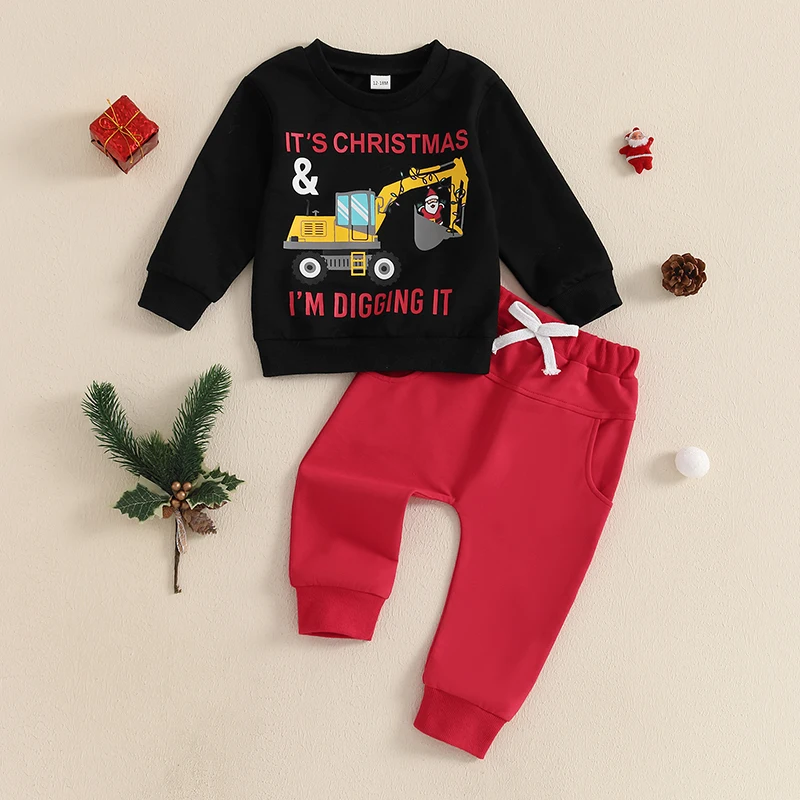 Baby Boy Christmas Outfits Long Sleeve Sweatshirt + Truck Print Pants Set Toddler Winter Clothes