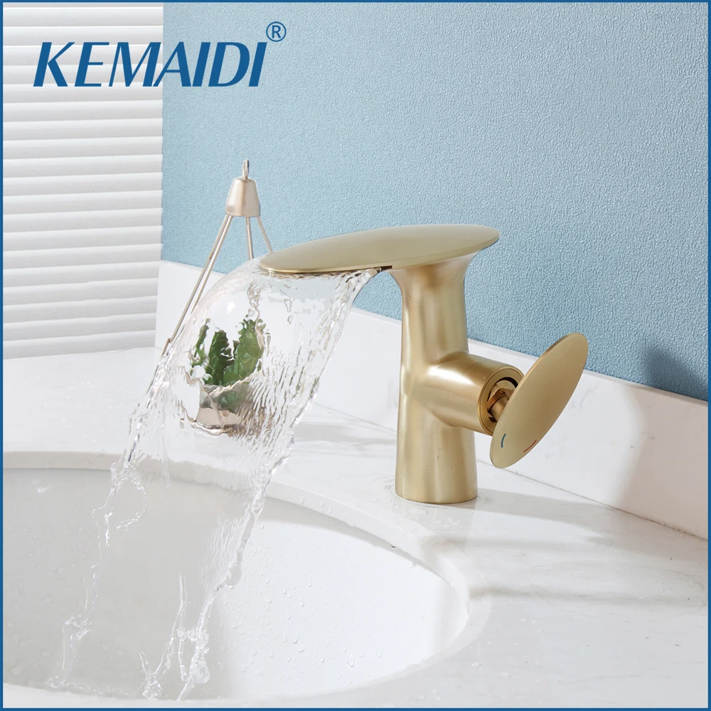 

KEMAIDI Bathroom Brushed Gold Waterfall Basin Faucets Hot Cold Water Mixer Solid Brass Deck Mounted Hot Cold Faucet Tap