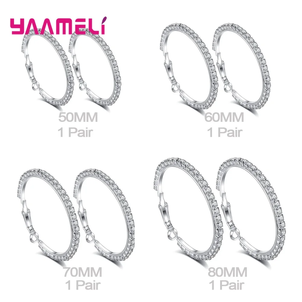 4pair Mix Fashion Women Hoop Earrings 925 Sterling Silver Austrian Crystal Cubic Zircon Circle Ear Brinco Pendientes 30-80mm