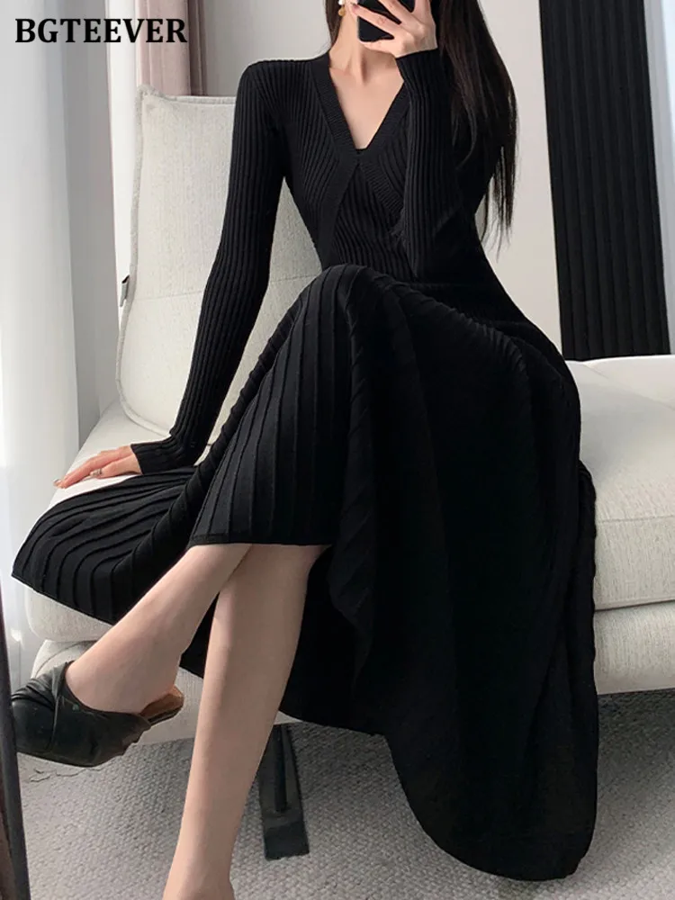 BGTEEVER Stylish V-neck Knitted A-line Dress Women Autumn Winter Full Sleeve Slim Waist Elegant Female Solid Sweater Dress