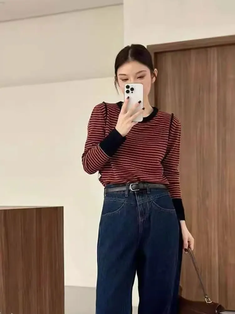 تي شيرت Ele Commute كاجوال طويل Sve مخطط برأس علوي irt كوري Sle فضفاض مناسب للخريف من الصوف الأصلي #4