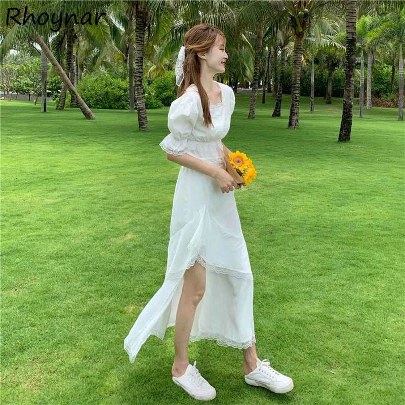 

Skirts Women Solid Simple All-match Daily Lace Patchwork Designed Side-slit High Waist Korean Style Elegant Summer Girls Sweet