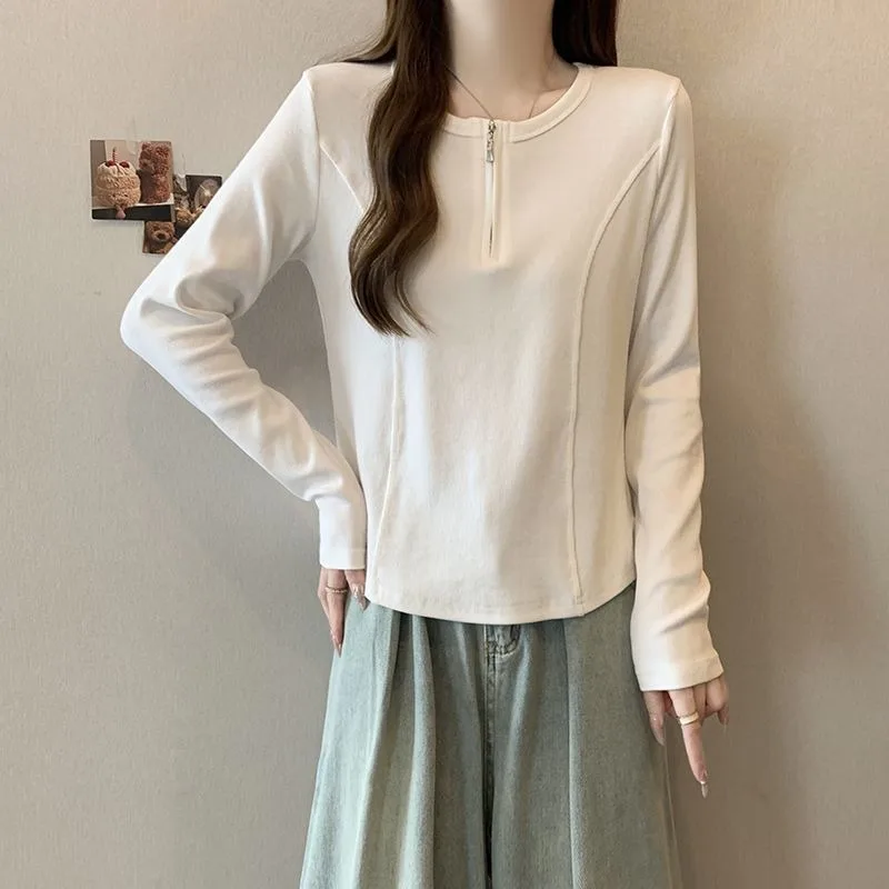 Half Zip Seam Detail Long Sleeve Tee Curved Hem Slim Fit Inner Top Women Autumn Winter Up to 200 Pounds view 5