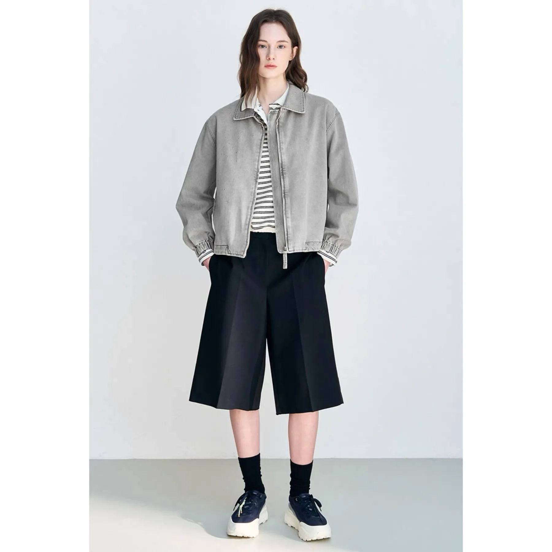 NingYao LAT26 Spring Casual Versatile Collared Exquisite Shiny Diamond Elastic Waist Jeans Jacket Outerwear Women's Fashion