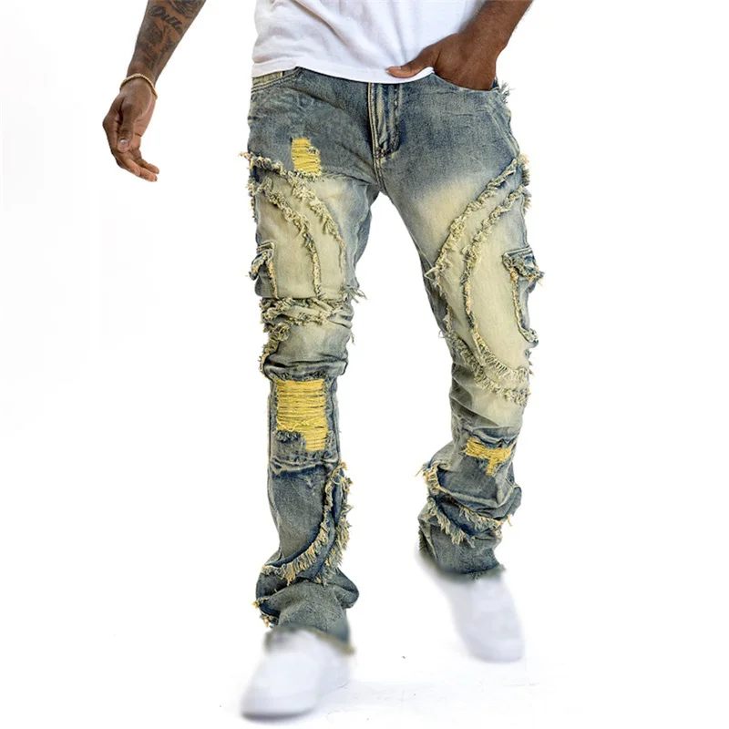 Men's Spring Autumn Casual Denim Pants Ripped Multi Pockets Slim Fit Jeans Trousers