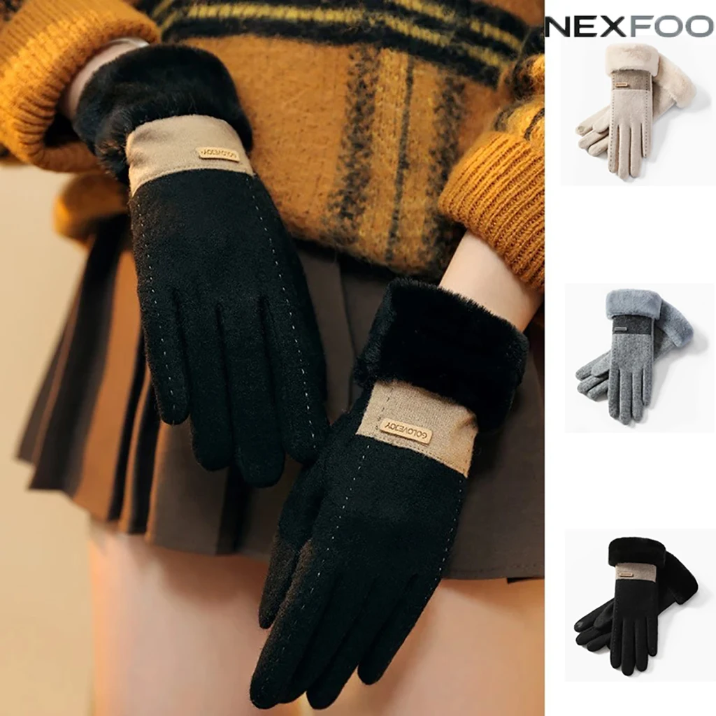 NEXFOO Unisex Women Winter Touch Gloves Windproof Thick Fleece Lined Gloves with Fluffy Fur Cuff Warm Hand for Cycling Driving