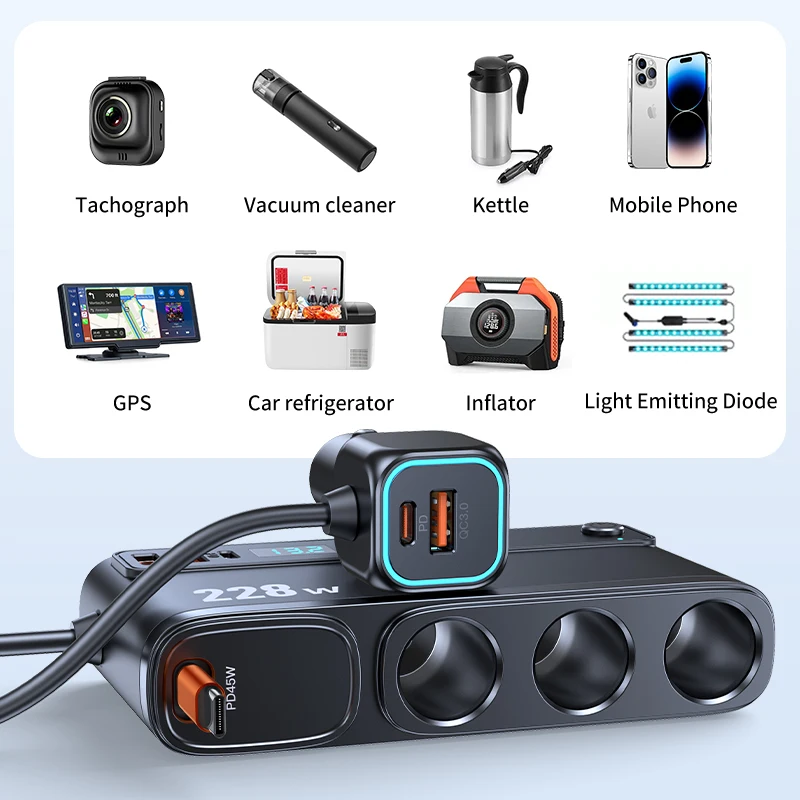 9in1 12V/24V Cigarette Lighter Splitter 228W USB Car Charger Adapter QC3.0 PD45W Cable with LED Voltage Display Car Accessories