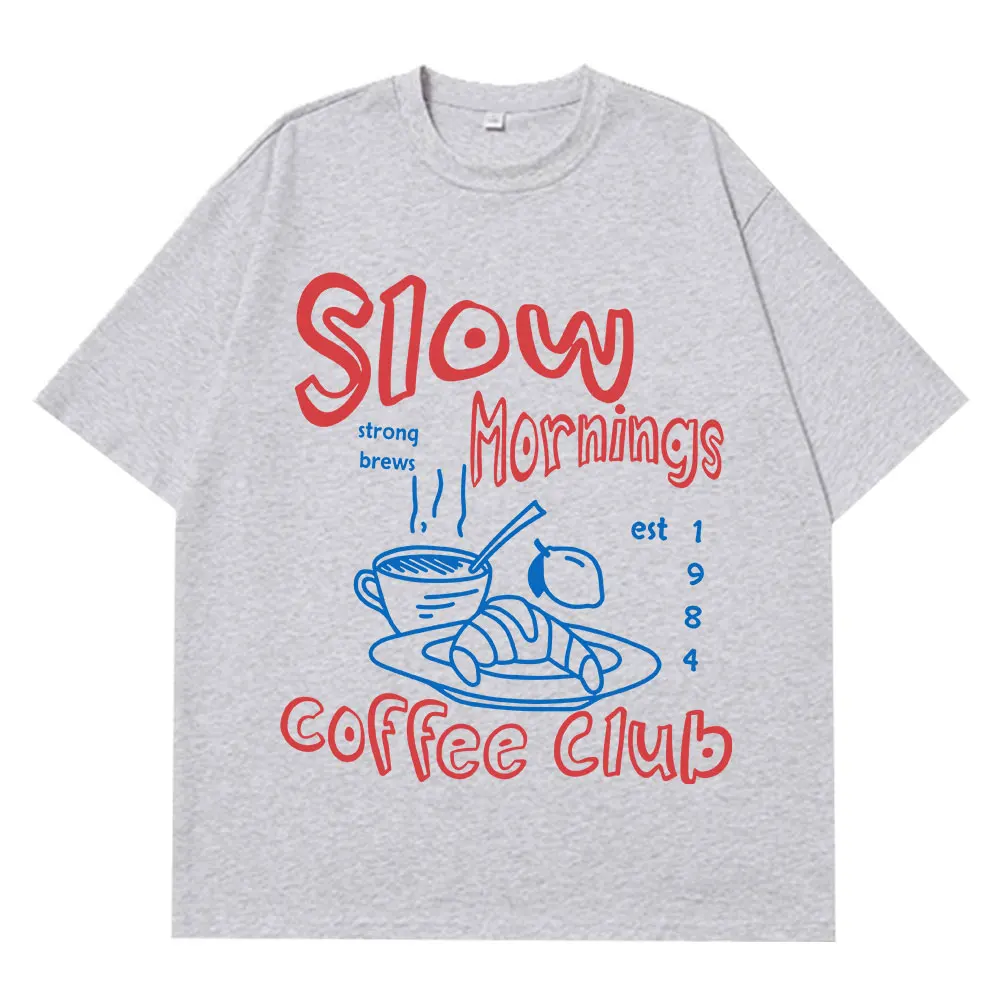 Slow Mornings Graphic T-shirts Trendy Coffee Club T-shirt Retro Coffee and Croissant T Shirt Breakfast Club Cotton Casual Tees