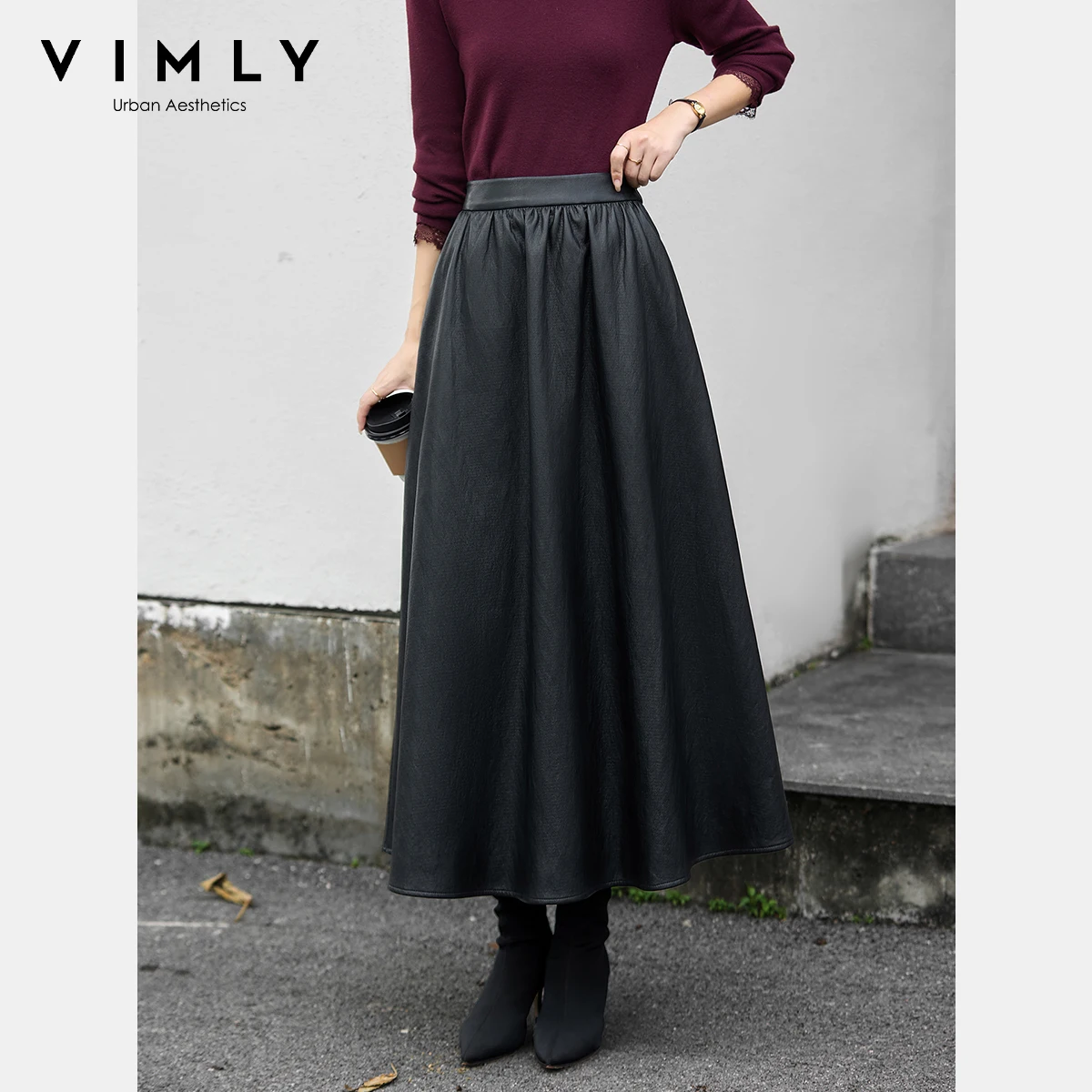 

VIMLY кожаные черные юбки-миди женские винтажные юбки трапециевидной формы со средней талией осень 2025 офисная одежда эластичная женская юбка A3292