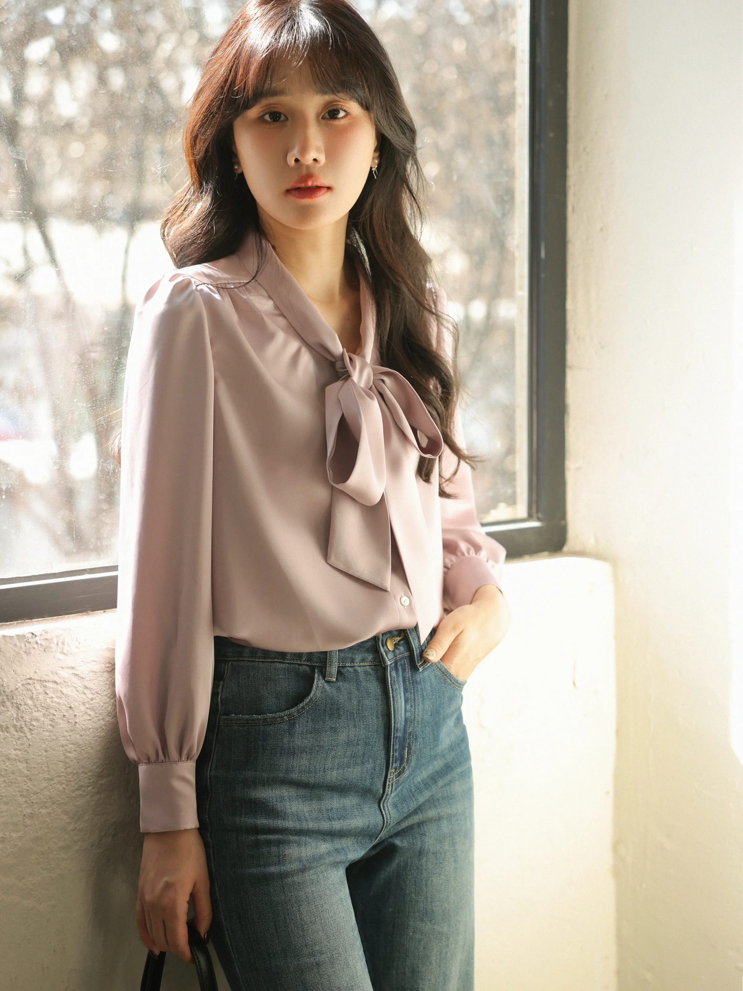 French Style Satin Bow Tie V-Neck Blouse Women Spring Long Sleeve Elegant Office Wear Loose Fit Draped Chic Commuter Shirt Tops